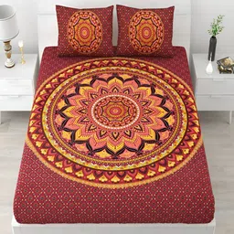 Runjhun Red & Yellow Ethnic Motifs Pure Cotton 240 TC King Bedsheet & 2 Pillow Covers-image-1