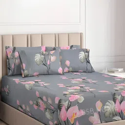 bsb home Grey & Pink Floral Microfiber 180 TC Fitted King Bedsheet with 2 Pillow Covers-picture-14