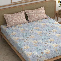 CHHAVI INDIA Blue & Brown Floral Cotton 210 TC Double King Bedsheet & 2 Pillow Covers-image-33