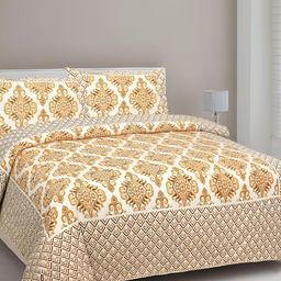 FABROLI Yellow White Ethnic Motifs 240 TC Cotton King Bedsheet With 2 Pillow Covers-image-46