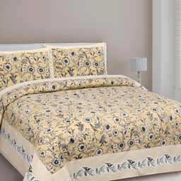 FABROLI Yellow & White Floral  Cotton King Bedsheet with 2 Pillow Covers-image-50