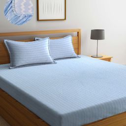 Arrabi Blue & White Striped 300 TC Fitted King Bedsheet with 2 Pillow Covers-image-53