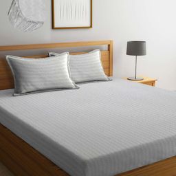 Arrabi Grey & White Striped 300 TC King Bedsheet with 2 Pillow Covers-image-37