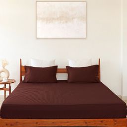 HOMEMONDE Maroon 300 TC Cotton Satin Striped Fitted King Bedsheet with 2 Pillow Covers-image-35