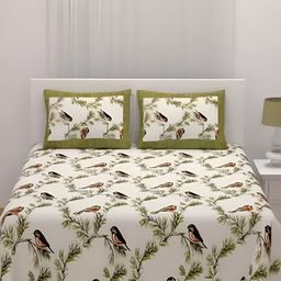 Qfab Green & White Floral Cotton 144 TC King Bedsheet with 2 Pillow Covers-image-83