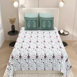 Qfab Green & White Floral Printed Cotton 144 TC King Bedsheet With 2 Pillow Covers-picture-0