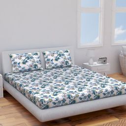Himeya Green & White Floral Cotton 144 TC King Bedsheet With 2 Pillow Covers-image-87