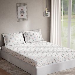 DDecor Orange & White Floral Cotton 144 TC King Bedsheet With 2 Pillow Covers-image-95