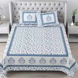 Qfab Blue & White Floral Cotton144 TC King Bedsheet with 2 Pillow Covers-picture-44