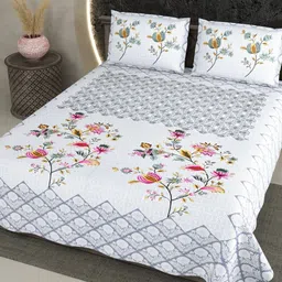 Qfab White & Grey Floral Cotton 144 TC King Bedsheet With 2 Pillow Covers-picture-1