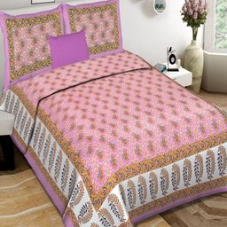 Qfab Purple & White Floral Cotton 144 TC King Bedsheet With 2 Pillow Covers-image-92