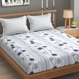 Florida White & Blue Floral Cotton 144 TC King Bedsheet with 2 Pillow Covers-picture-32