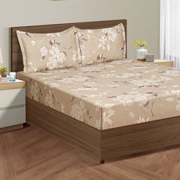 SWAYAM Veda Beige & White Floral Cotton 160 TC Fitted King Bedsheet with 2 Pillow Covers-image-90