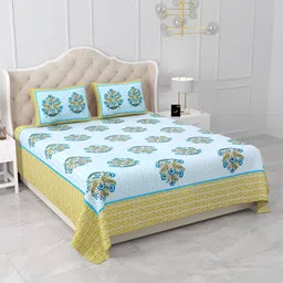 Qfab Blue & Yellow Floral 210 TC Cotton King Bedsheet with 2 Pillow Covers-picture-19