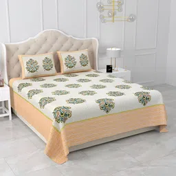 Qfab White & Orange Floral 210 TC Cotton King Bedsheet with 2 Pillow Covers-picture-0