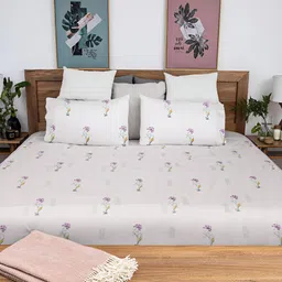 Baarno White & Purple Floral 220 TC Cotton King Bedsheet with 2 Pillow Covers-picture-4
