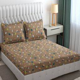 Furnistitchs Brown & White Floral 300 TC King Fitted Bedsheet with 2 Pillow Covers-image-110