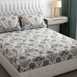 Furnistitchs Brown & Blue Floral 300 TC King Fitted Bedsheet with 2 Pillow Covers-image-107