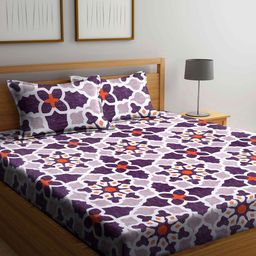 Arrabi Purple & White Floral 300 TC King Bedsheet with 2 Pillow Covers-image-37