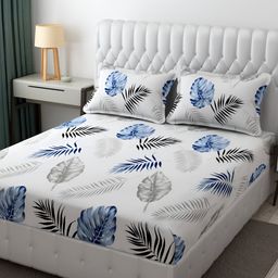 Furnistitchs White & Blue Floral 300 TC King Fitted Bedsheet With 2 Pillow Covers-image-108