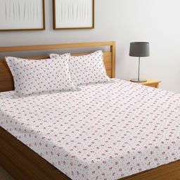 FABINALIV White & Pink Floral Polycotton 300 TC King Bedsheet With 2 Pillow Covers-image-24