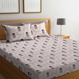 FABINALIV Pink & Blue Floral 300 TC Fitted King Bedsheet with 2 Pillow Covers-image-67