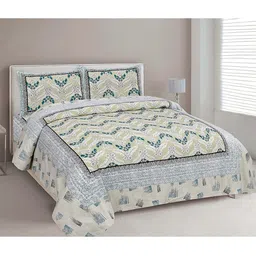 EasyGoods Beige and Green Ethnic Motifs 240 TC Cotton King Bedsheet with Pillow Covers-picture-34