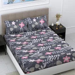 FABINALIV Grey & Pink Floral 300 TC Fitted King Bedsheet With 2 Pillow Covers-image-28