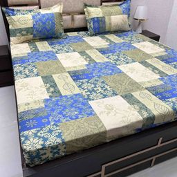 Pure Decor Blue & Green Floral Cotton 330 TC King Bedsheet with 2 Pillow Covers-image-78