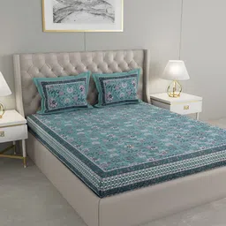 Wayne Martin Green Floral 330 TC King Bedsheet with 2 Pillow Covers-picture-12