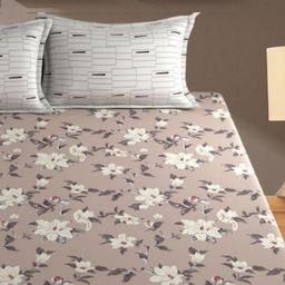 Bajo's Beige & Off White Floral Cotton 350 TC King Bedsheet with 2 Pillow Covers-40