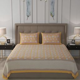 Wayne Martin Brown & Yellow Floral Cotton 400 TC King Bedsheet with 2 Pillow Covers-image-37