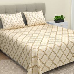 BELLA CASA Lorient Cream Geometric Pure Cotton 220 TC King Bedsheet with 2 Pillow Covers-image-56