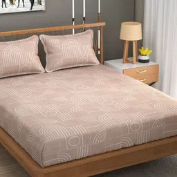 Bajo's Beige & White Geometric 250 TC Fitted Cotton King Bedsheet with 2 Pillow Covers-14