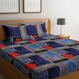 Arrabi Blue & Grey Geometric 300 TC King Bedsheet with 2 Pillow Covers-image-9