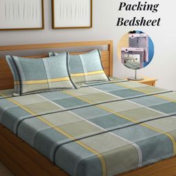 Arrabi Green & Grey Geometric 300 TC King Bedsheet with 2 Pillow Covers-image-14