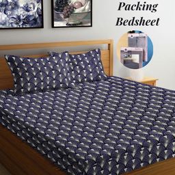 Arrabi Blue & White Geometric 300 TC King Bedsheet with 2 Pillow Covers-image-73