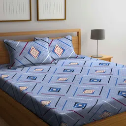 Arrabi Grey & Blue Geometric 300 TC King Bedsheet with 2 Pillow Covers-11