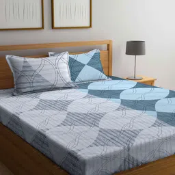 Arrabi Grey & Blue Geometric 300 TC Super King Bedsheet with 2 Pillow Covers-image-18