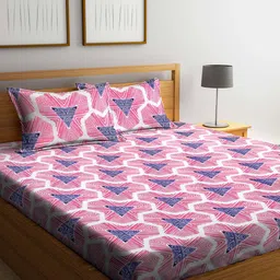 Arrabi Pink & Blue Geometric 300 TC King Bedsheet with 2 Pillow Covers-image-20