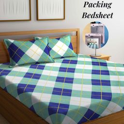 Arrabi Green & Blue Geometric 300 TC King Bedsheet with 2 Pillow Covers-image-91