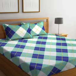 Arrabi Green & Blue Geometric 300 TC Flat King Bedsheet with 2 Pillow Covers-image-46