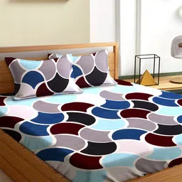 Aura Blue & Grey Geometric 180 TC Queen Bedsheet with 2 Pillow Covers-6