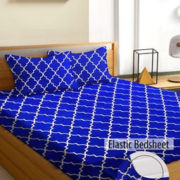 Aura Blue & White Geometric Fitted 180 TC Queen Double Size Bedsheet with 2 Pillow Covers-image-89