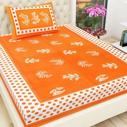 UBANIA COLLECTION Orange Floral Cotton 144 TC Single Bedsheet with Pillow Cover-image-87