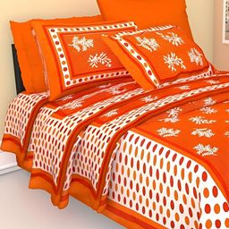 UBANIA COLLECTION Orange Floral Cotton 144 TC Single Bedsheet with Pillow Cover-image-84