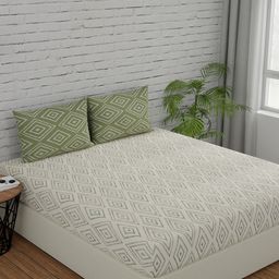 Huesland Comfort White & Green Printed 144 TC Cotton Queen Bedsheet & 2 Pillow Covers-image-48