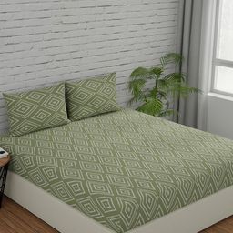Huesland Comfort Green & White Printed 144 TC Cotton Queen Bedsheet & 2 Pillow Covers-image-71