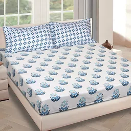 ROMEE Off White & Blue Floral Cotton 144 TC Queen Bedsheet With 2 Pillow Covers-image-16