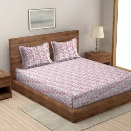 MODEFE White & Pink Printed 144 TC Queen Bedsheet with 2 Pillow Covers-image-2
